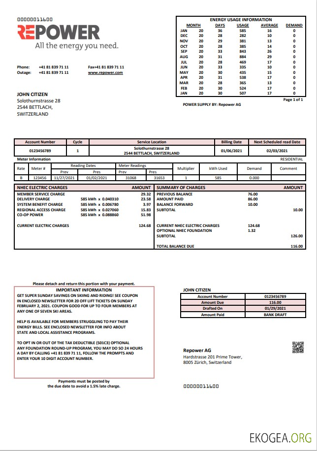 Switzerland Repower AG utility bill template, fully editable in Word and PDF format